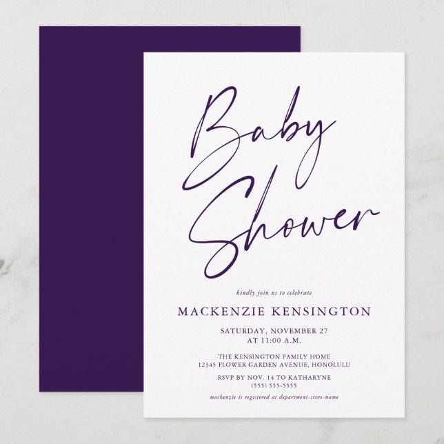 Invitation Baby shower manuscrit violet moderne (Devant / Derrière)