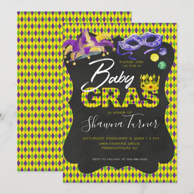 Invitation Baby shower Mardi Gras (Devant / Derrière)