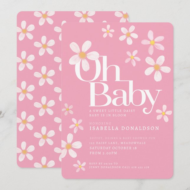 Invitation Baby shower marguerite oh bébé rose jaune blanc (Devant / Derrière)