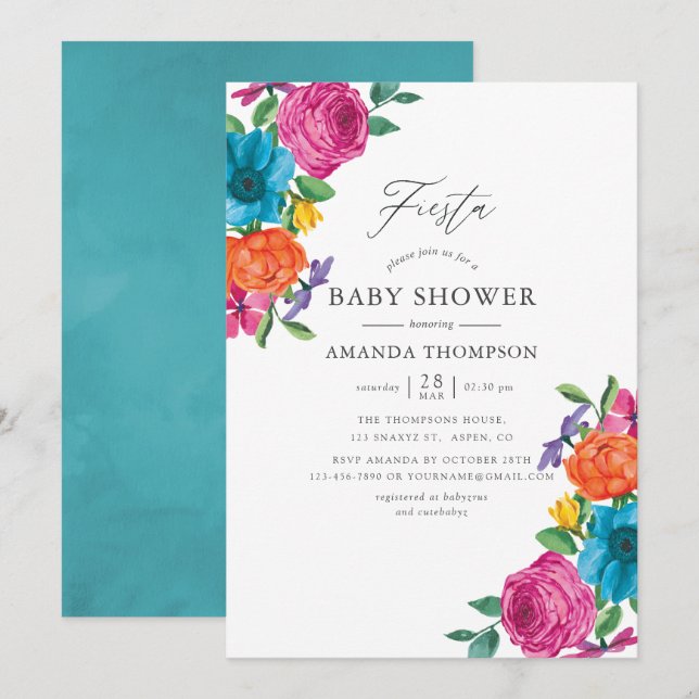 Invitation Baby shower Mariage Fiesta Floral Aquarelle (Devant / Derrière)