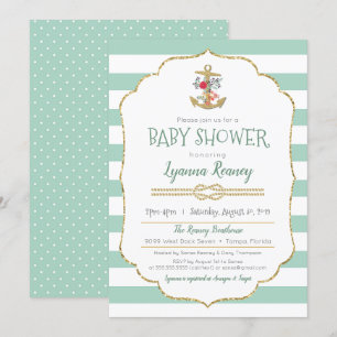 Invitation Baby shower marin Ancre florale Mint Green