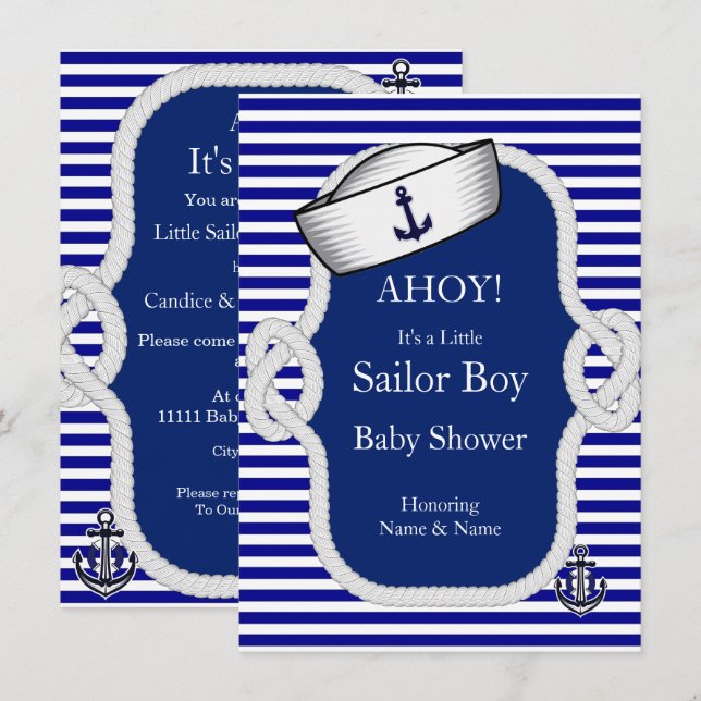 Invitation Baby shower marin Casquette Boy Blue Stripe (Devant / Derrière)
