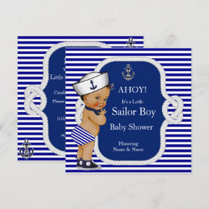 Invitation Baby Shower Marin Garçon Bleu Rayé Brunette