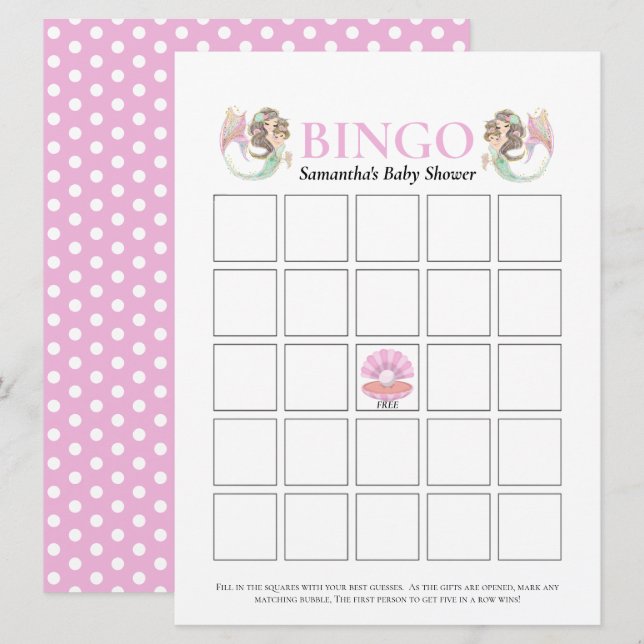 Invitation Baby Shower Marron Sirène Bingo Sous L'Océan Rose (Devant / Derrière)