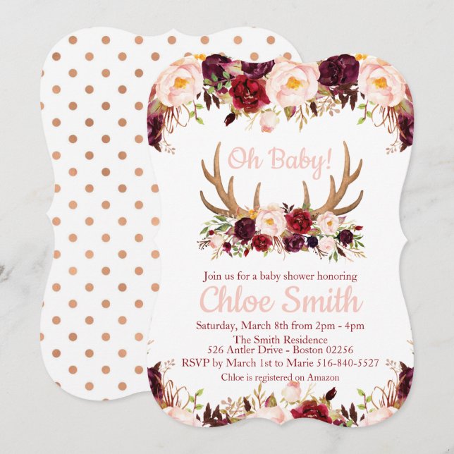 Invitation Baby shower Marsala Floral Antler (Devant / Derrière)