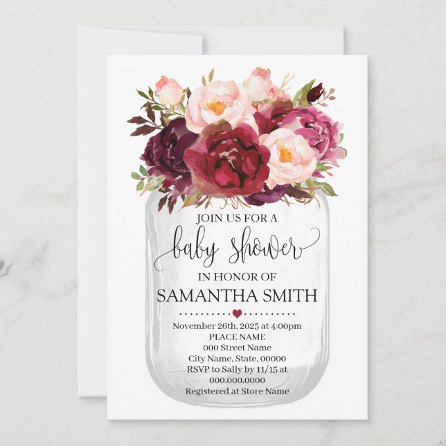 Invitation Baby shower Marsala Floral Mason Jar Pays Chic (Devant)