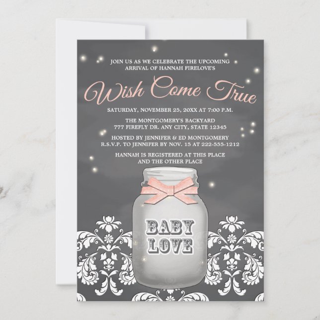 Invitation Baby shower Mason Jar de luciole rose (Devant)