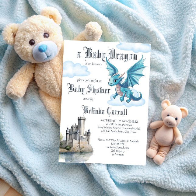 Invitation Baby shower médiéval pour bébé dragon (Medieval cute baby dragon baby shower invitation template fantasy blue dragon baby shower invites)