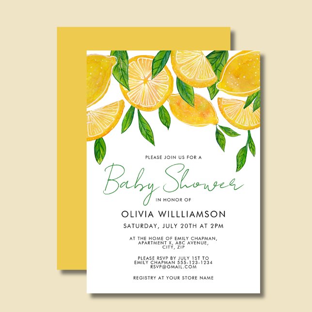 Invitation Baby shower méditerranéen moderne au citron (Lemon Baby Shower Invitation and matching party collection.)