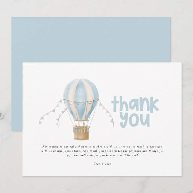 Invitation Baby shower merci bleu montgolfière (Devant / Derrière)