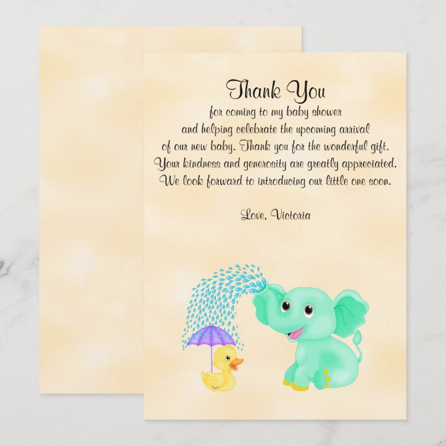 Invitation Baby shower Merci Genre Neutre Eléphant (Devant / Derrière)