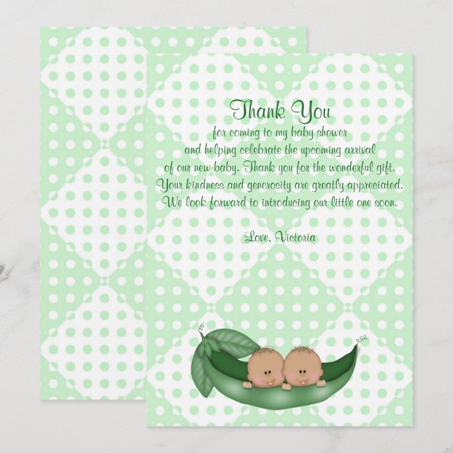 Invitation Baby shower Merci Twin Peas in a Pod (Devant / Derrière)