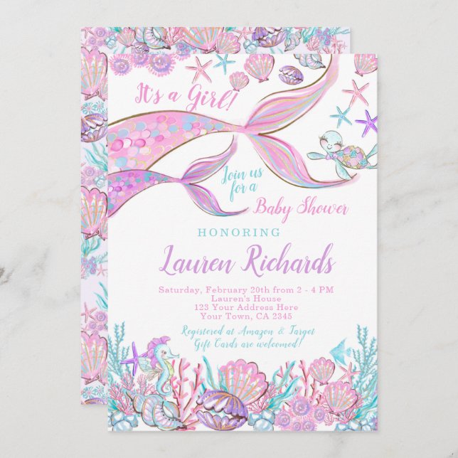 Invitation Baby shower Mermaid (Devant / Derrière)