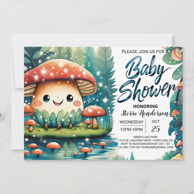 Invitation Baby shower mignon aux champignons enchantant (Devant)