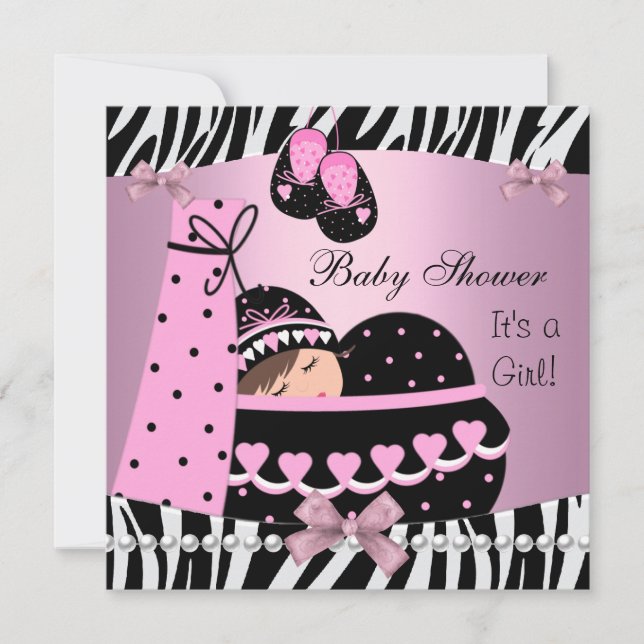 Invitation Baby shower mignon bébé fille rose Zèbre Imprimer (Devant)