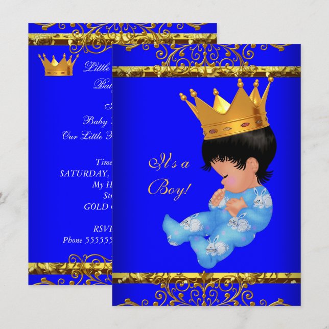 Invitation Baby shower mignon Bleu Gold Boy Prince Crown 4 (Devant / Derrière)