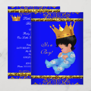 Invitation Baby shower mignon Bleu Gold Boy Prince Crown 4