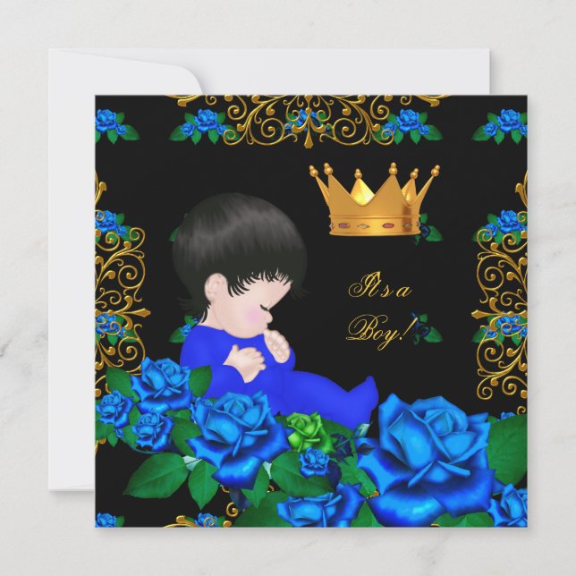 Invitation Baby shower mignon Bleu Gold Boy Prince Crown 9 (Devant)