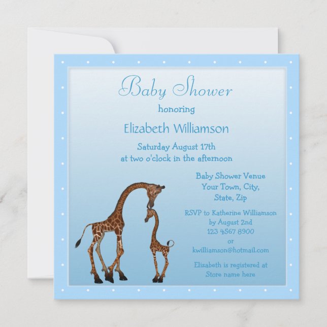 Invitation Baby shower mignon de bleu de girafe de maman et (Devant)