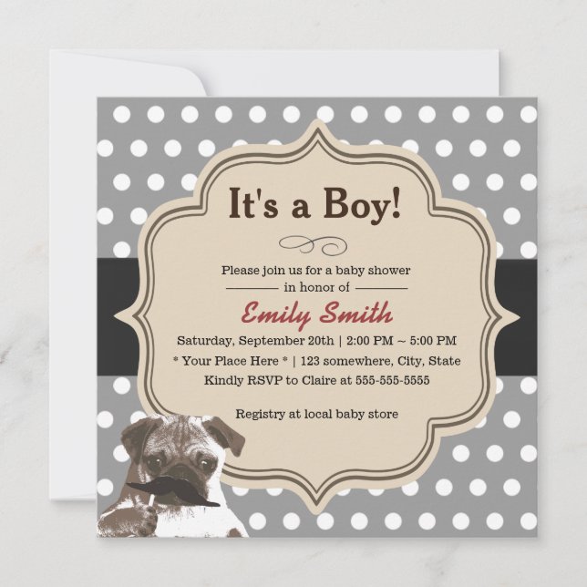 Invitation Baby shower mignon de pois de carlin de moustache (Devant)