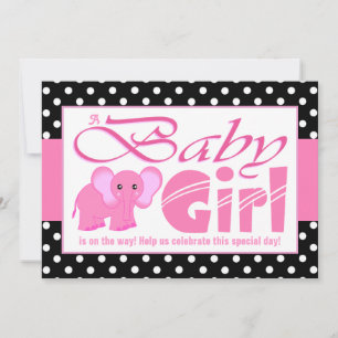 Invitation Baby shower mignon de pois de noir d'éléphant rose
