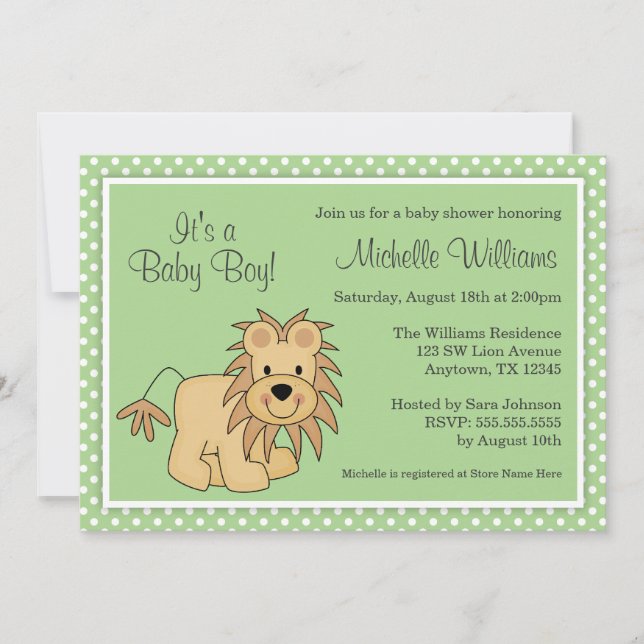 Invitation Baby shower mignon de pois de vert de lion (Devant)