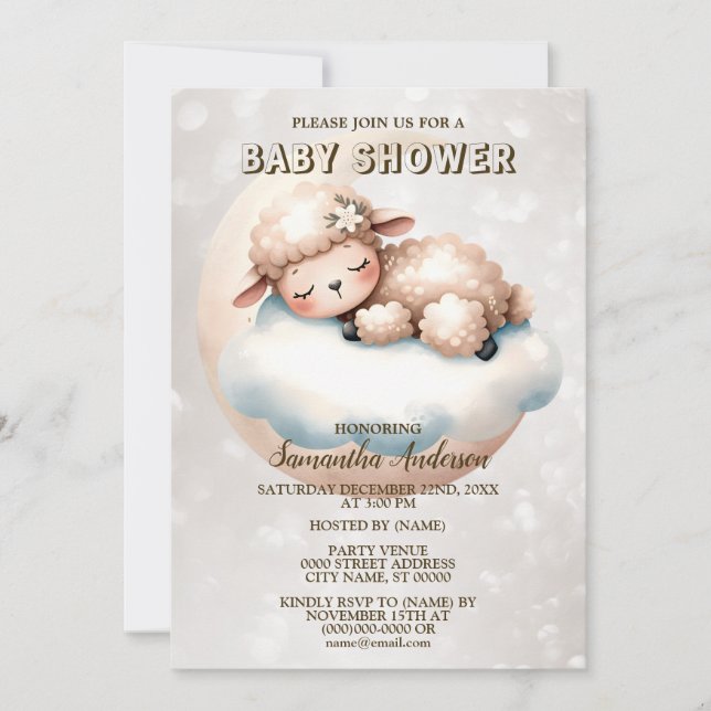 Invitation Baby shower mignon dormant bébé agneau animal (Devant)