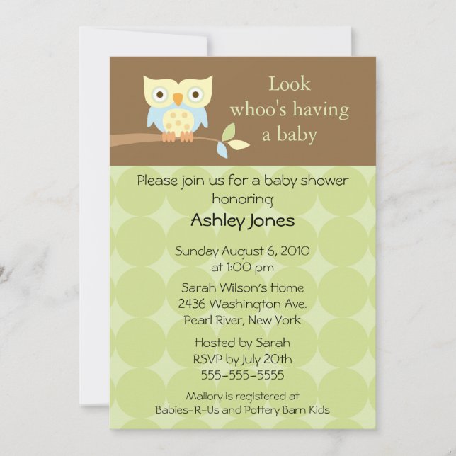 Invitation Baby shower mignon doux de neutre de hibou (Devant)