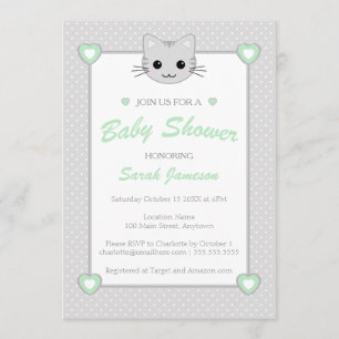 Invitation Baby shower mignon neutre vert gris de chat de