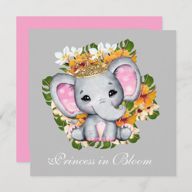 Invitation baby shower mignon Princesse fleur éléphant (Devant / Derrière)