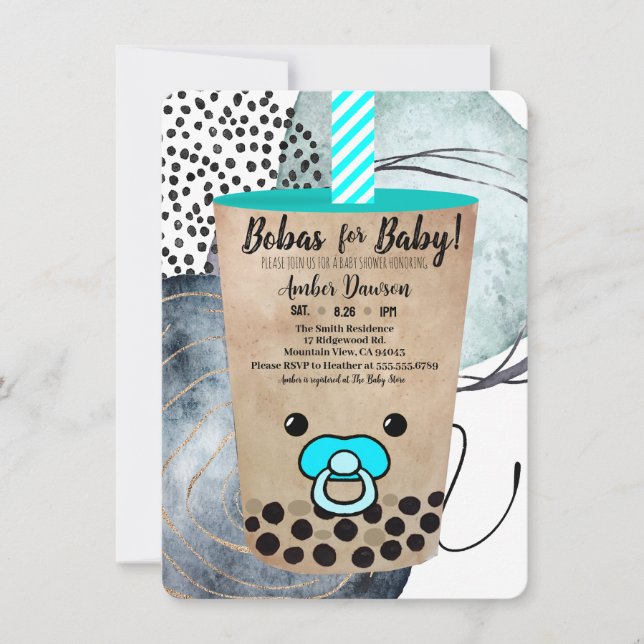 Invitation Baby Shower Mignon Thé aux Perles à l'Aquarelle po (Devant)