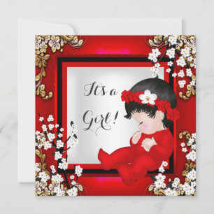 Invitation Baby Shower Mignonne Bébé Fille Fleur Rouge Noir A