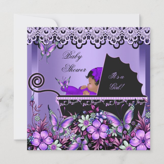 Invitation Baby shower mignonne Bébé Fille pourpre Papillon 3 (Devant)