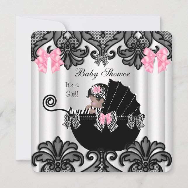 Invitation Baby shower mignonne bébé fille rose Zèbre blanc n (Devant)