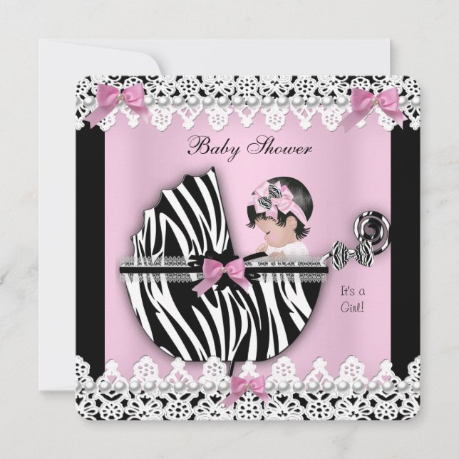 Invitation Baby shower mignonne bébé fille rose Zèbre dentell (Devant)
