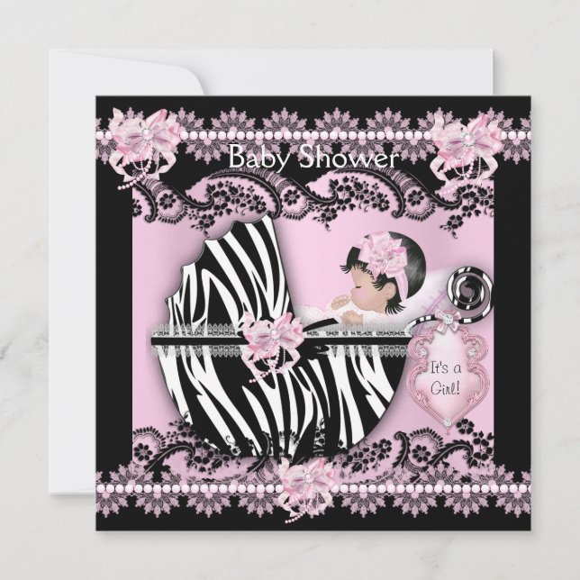 Invitation Baby shower mignonne bébé fille rose Zèbre dentell (Devant)