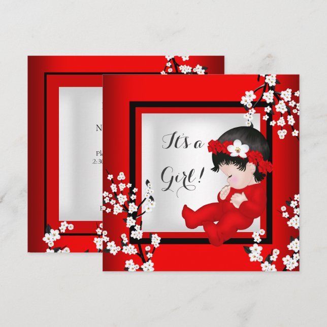 Invitation Baby shower mignonne bébé fille rouge Blossom noir (Devant / Derrière)