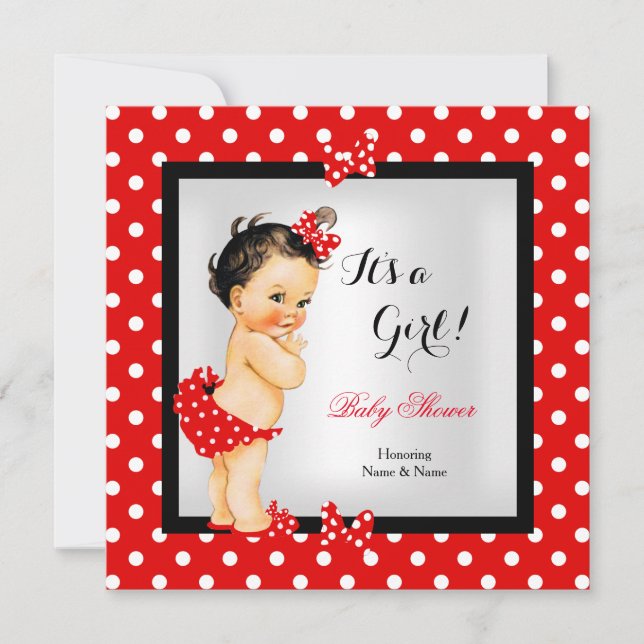 Invitation Baby shower mignonne Fille Rouge Noir Brunette (Devant)
