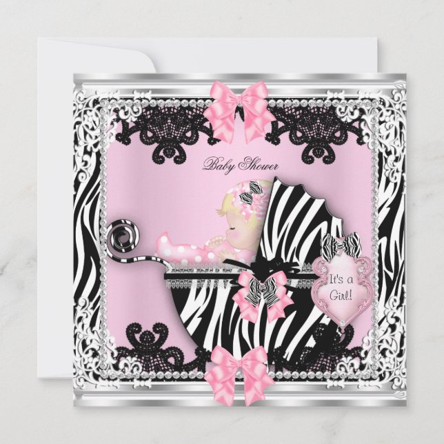 Invitation Baby shower mignonne fille Zebra Pram Blonde bébé  (Devant)