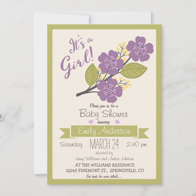 Invitation Baby shower mignonne, violette et verte (Devant)