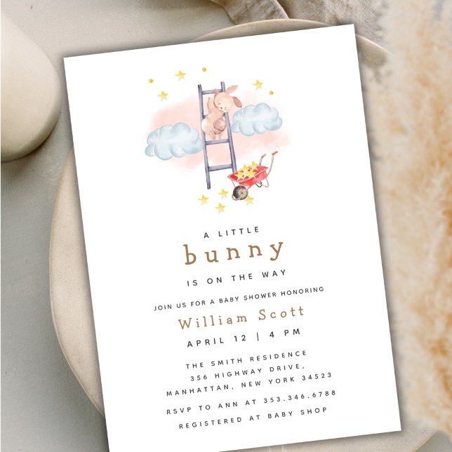 Invitation Baby shower minimal Boho Watercolor Bunny Stars (Minimal Boho Watercolor Bunny Stars Baby Shower Invitation)