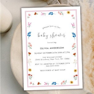 Invitation Baby shower minimal pour fille à cadre Fleur sauva