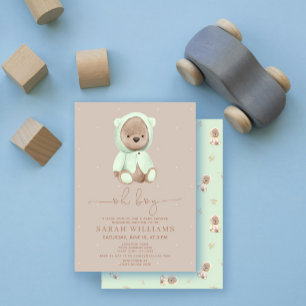 Invitation Baby Shower Minimaliste Ourson Vert Sage Petit Gar