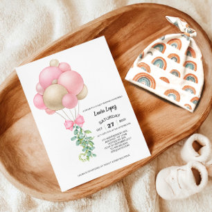 Invitation Baby shower minimaliste rose Ballons fille