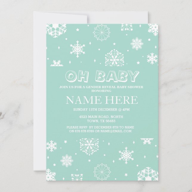 Invitation Baby shower Mint Genre Révéler Flocon de neige Inv (Devant)