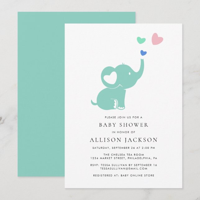 Invitation Baby shower Mint Green Elephant Genre Neutre (Devant / Derrière)