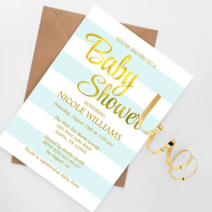Invitation Baby shower Mint Green et Faux Gold Stripes