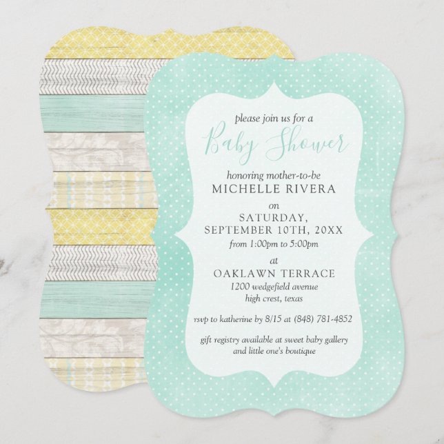 Invitation Baby shower Mint Jaune Rustique Bois Neutre Genre (Devant / Derrière)