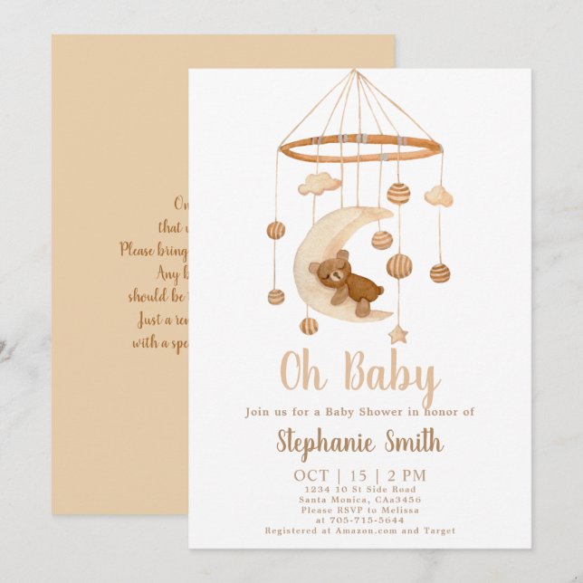 Invitation Baby shower mobile Boho Bear (Devant / Derrière)