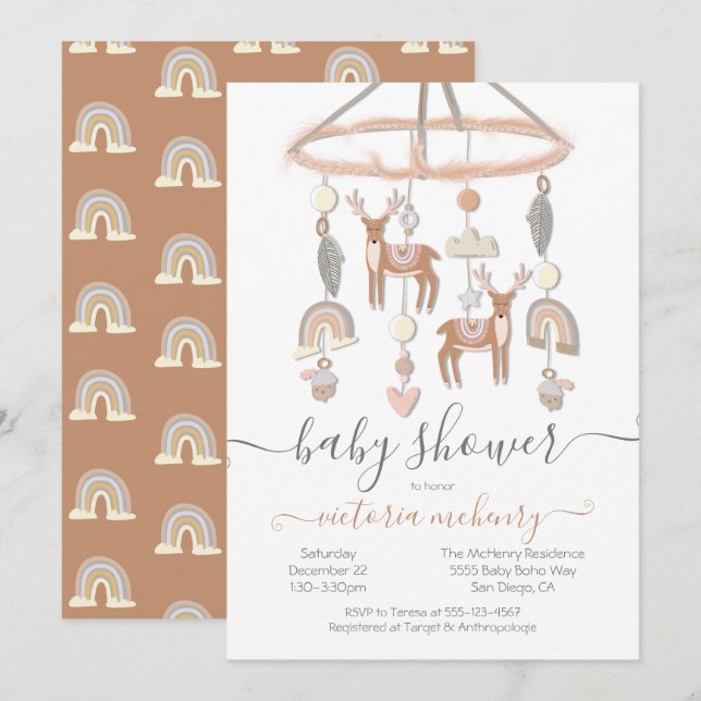 Invitation Baby shower mobile Boho Scandi Deer Forest (Devant / Derrière)